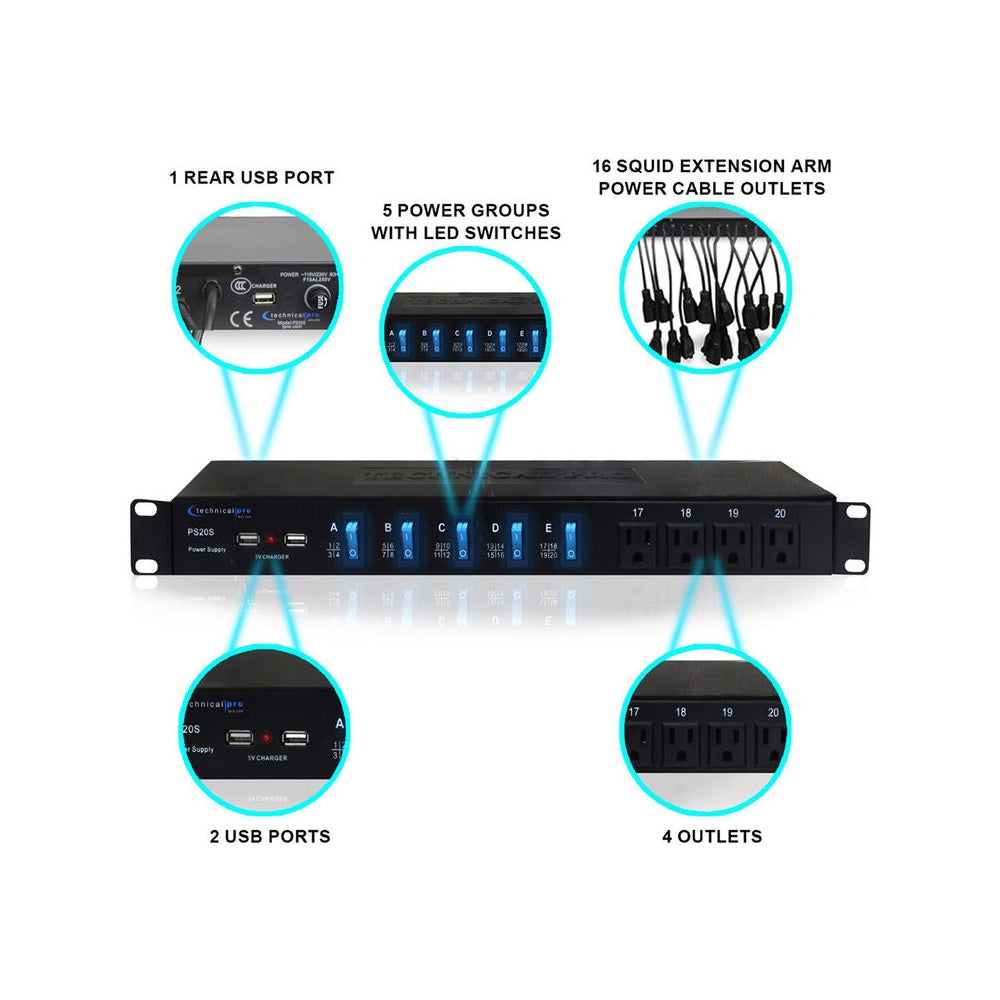Technical Pro PS20S 20-Outlet Rackmount Power Supply with USB