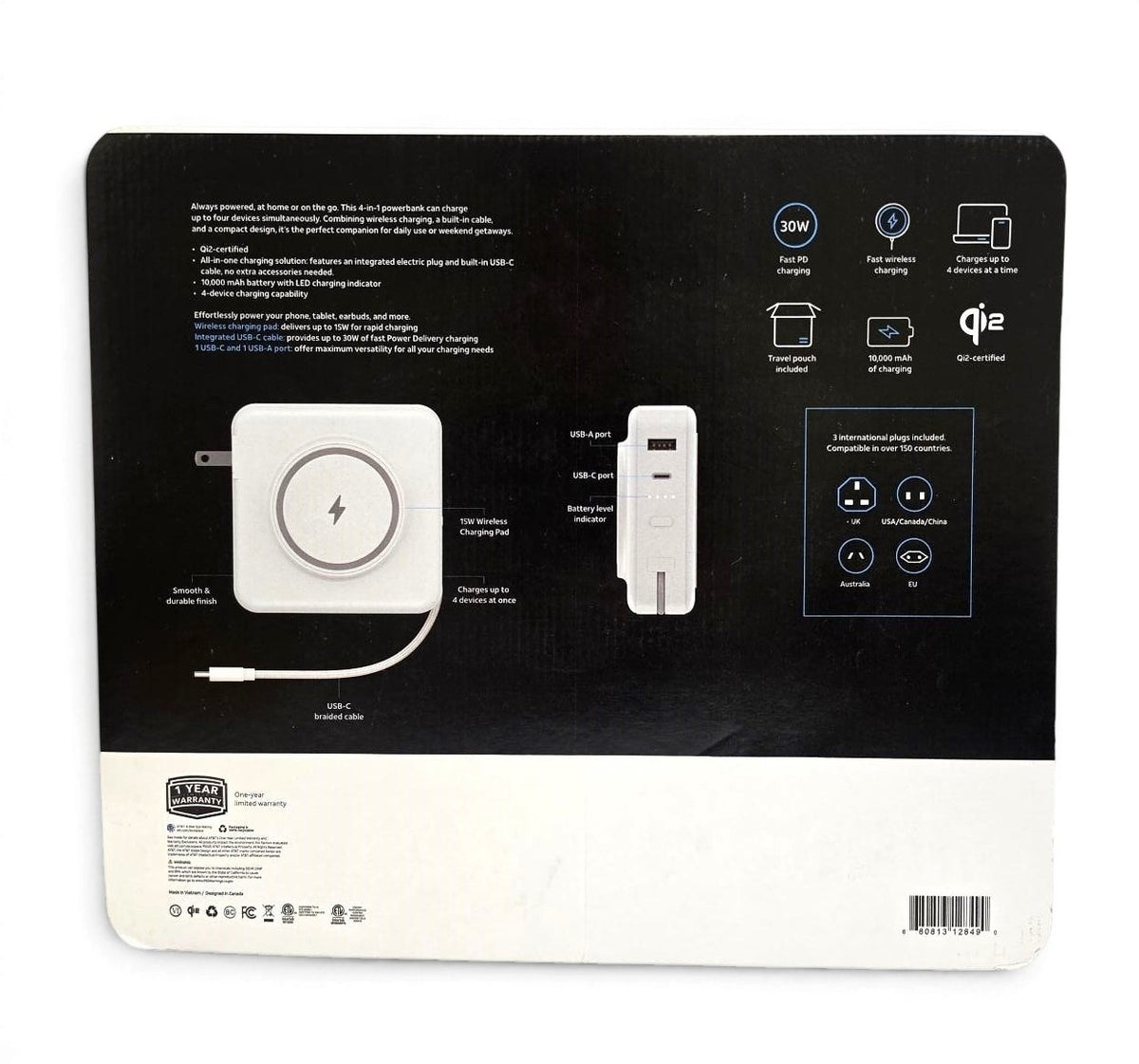AT&T Travel Powerbank Wireless 4-in-1 Travel Powerbank, Qi2 & PD Fast Charge