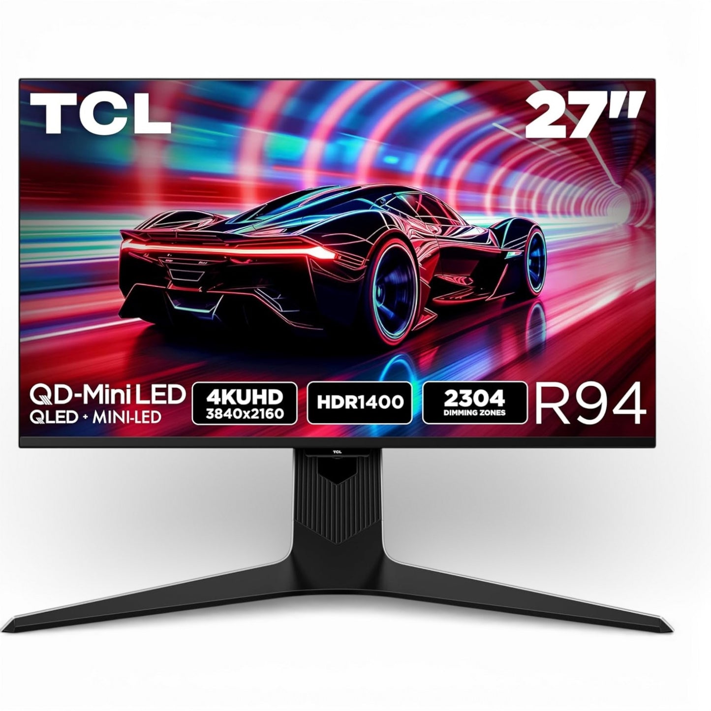 TCL 27" R94 Series 4K UHD HDR QD-Mini LED, 165Hz, 1ms GTG, Built-In Stereo Speakers, Adjustable Stand, Gaming Monitor Black and White 27R94