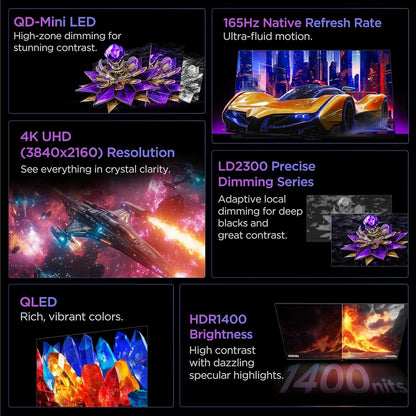 TCL 27" R94 Series 4K UHD HDR QD-Mini LED, 165Hz, 1ms GTG, Built-In Stereo Speakers, Adjustable Stand, Gaming Monitor Black and White 27R94