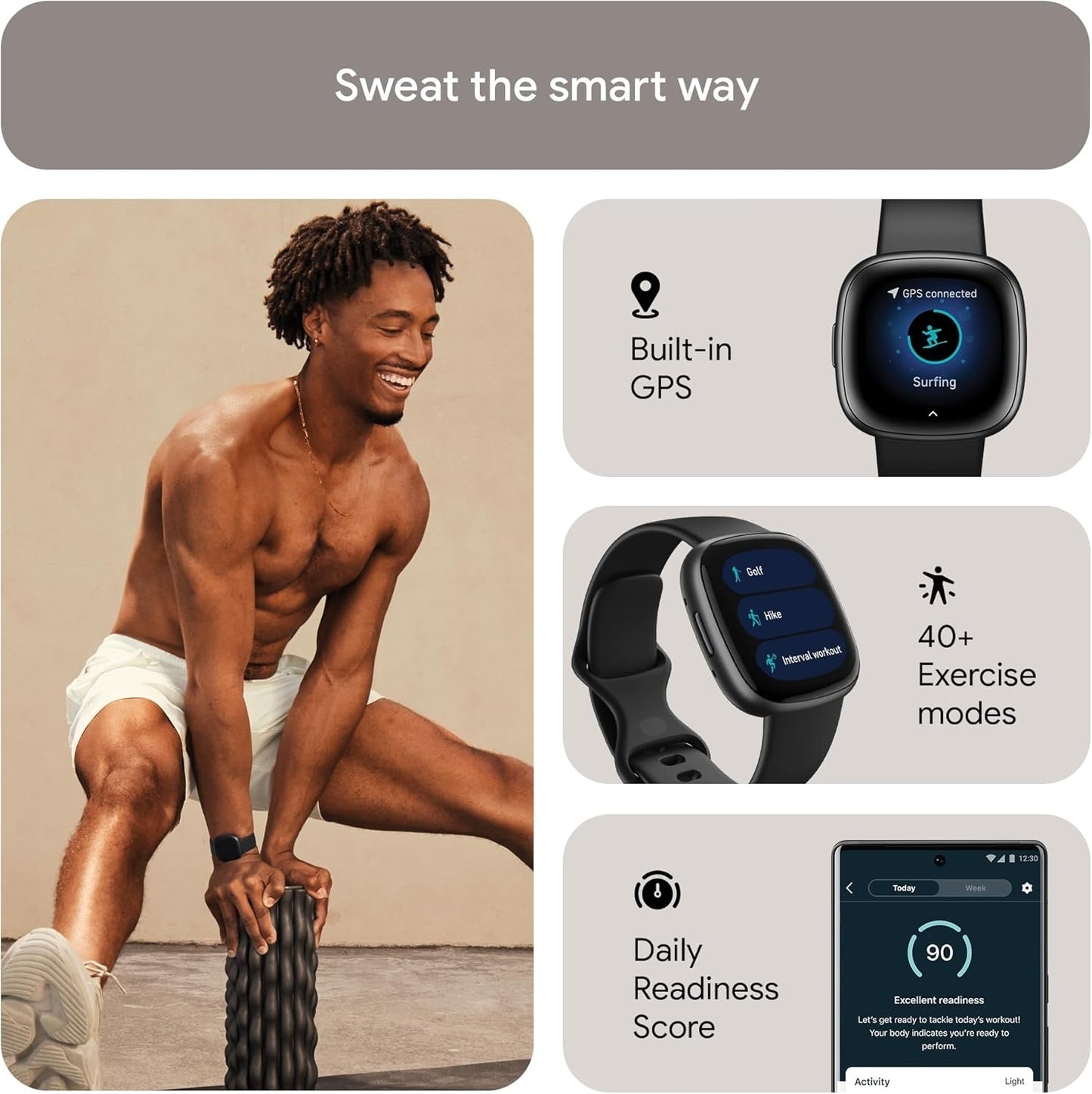 Fitbit Versa 4 Fitness Smartwatch Bundle Black/Graphite FB523BKBKL