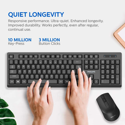 PHILIPS Wireless Keyboard and Mouse Combo | Optimized 2.4GHz Drop-Free Connection | Silent Keyboard & Ambidextrous Mouse SPT6354