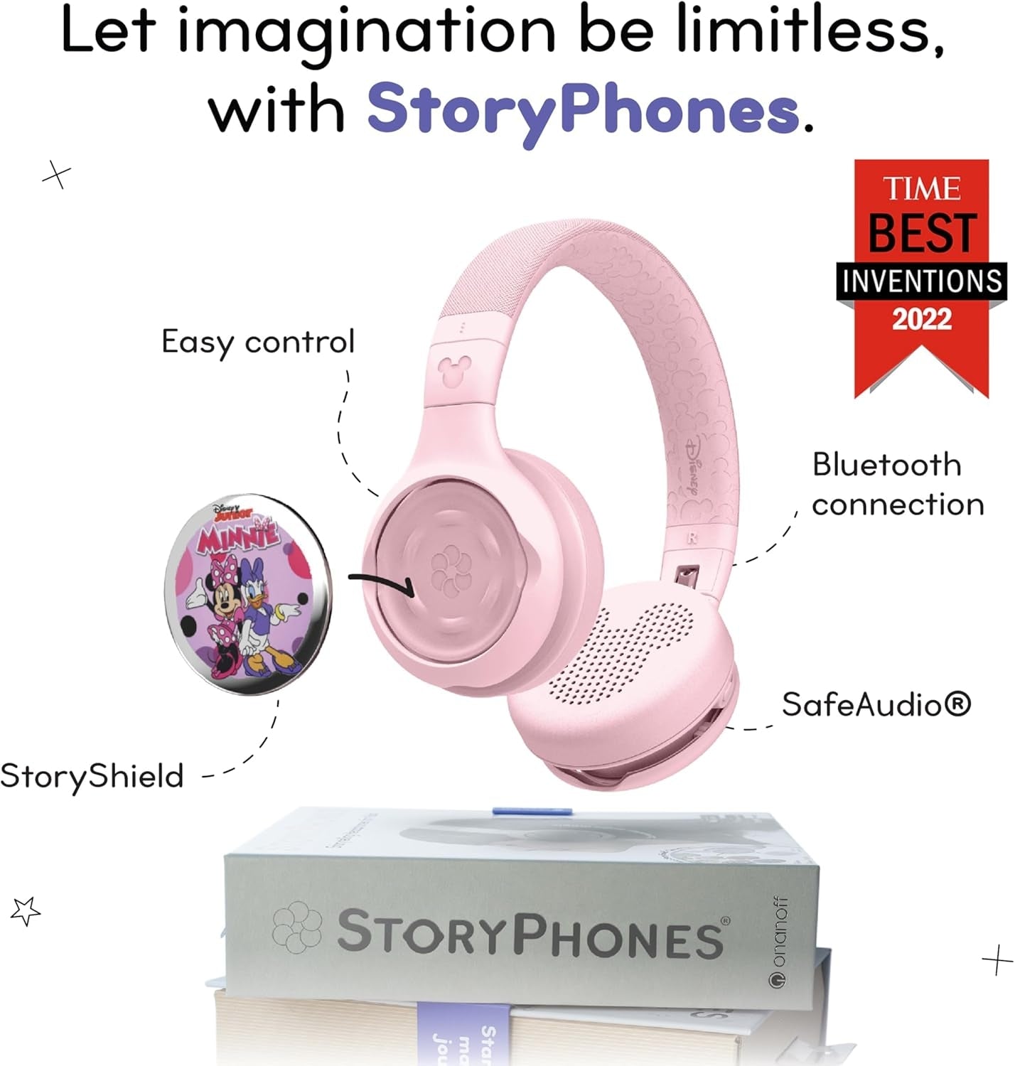 ONANOFF - StoryPhones Bluetooth Kids Folding On-Ear Storytelling Headphones with Mic, 20 Hours Play Time, Bundle - Pink