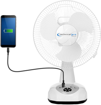 Technical Pro Portable 12" Rechargeable Oscillating Tabletop Fan with 9 Speeds Controls, LED Night light and Powerbank