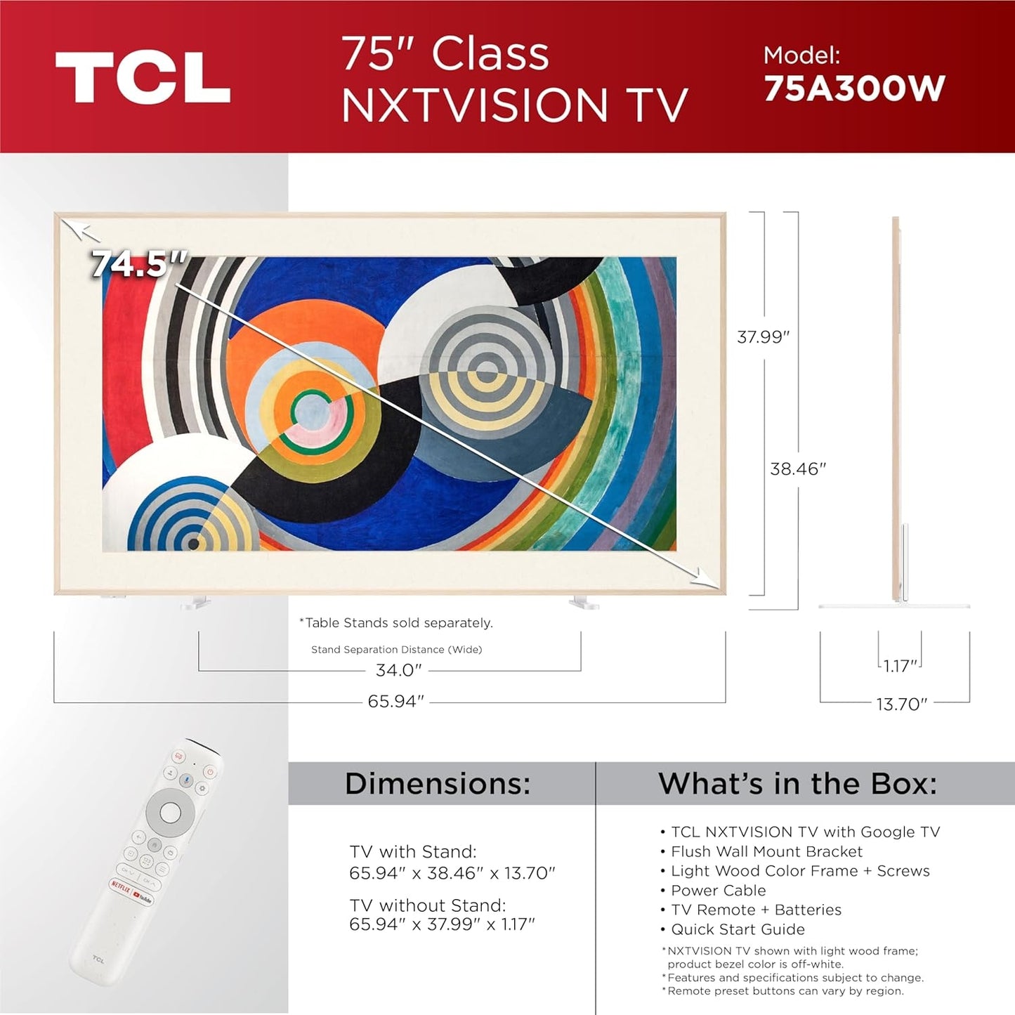 TCL - 75" Class A300W NXTVISION Series 4K QLED Art TV with Magnetic Frame 75A300W