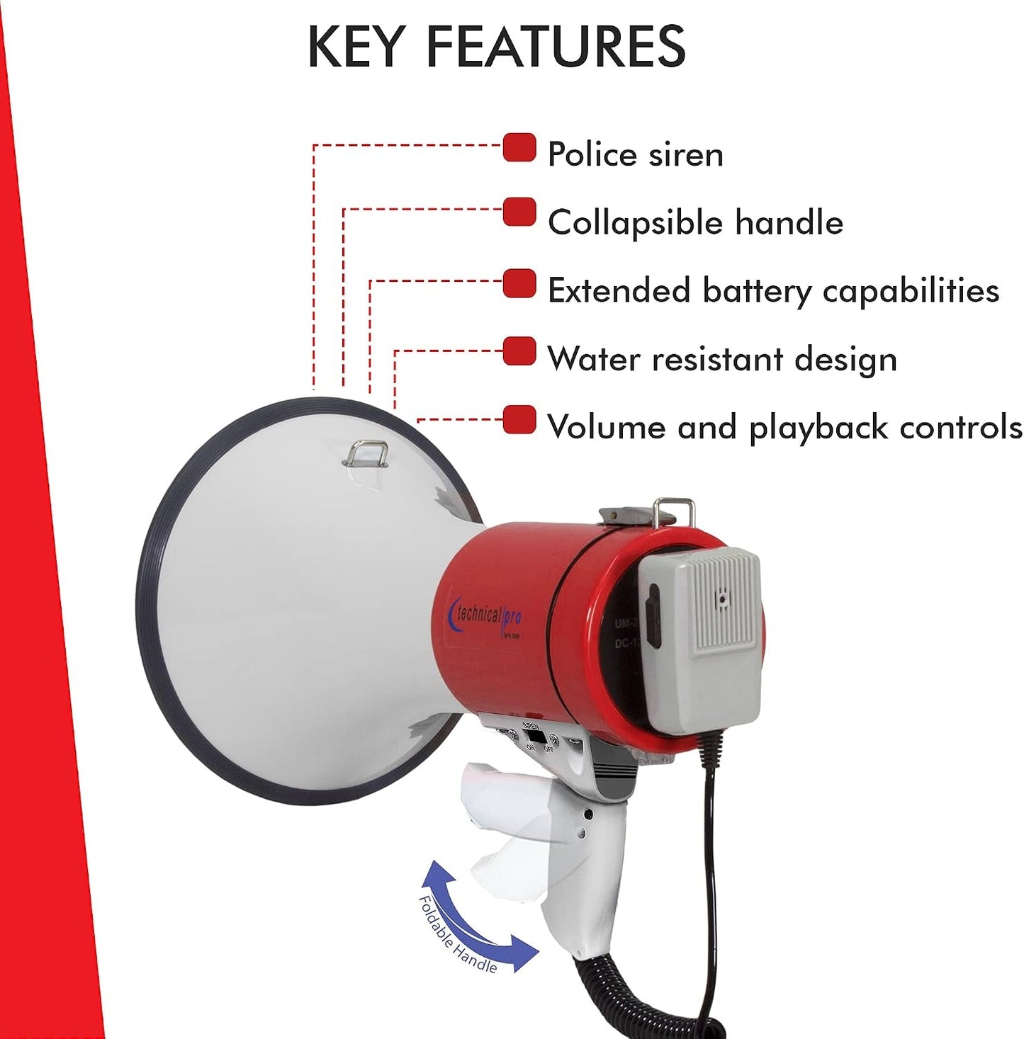 Technical Pro Portable 75-Watts 800M-1000M Range Megaphone Bullhorn Speaker