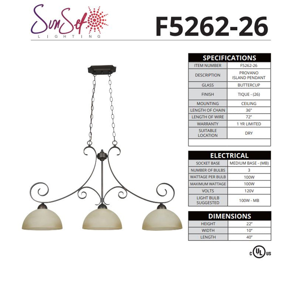 Sunset Lighting F5262-26 Island 3-Light Pendant 100W Buttercup Glass, Tique Finish