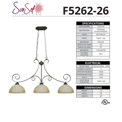 Sunset Lighting F5262-26 Island 3-Light Pendant 100W Buttercup Glass, Tique Finish
