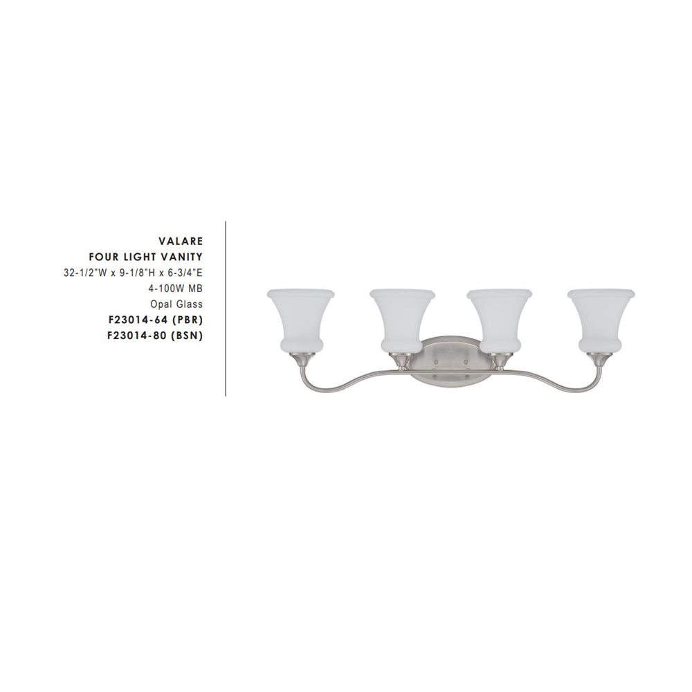 Sunset Lighting Valare Vanity 4-Light, 100W Bright Satin Nickel Opal Glass F23014-80