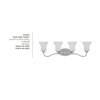 Sunset Lighting Valare Vanity 4-Light, 100W Bright Satin Nickel Opal Glass F23014-80