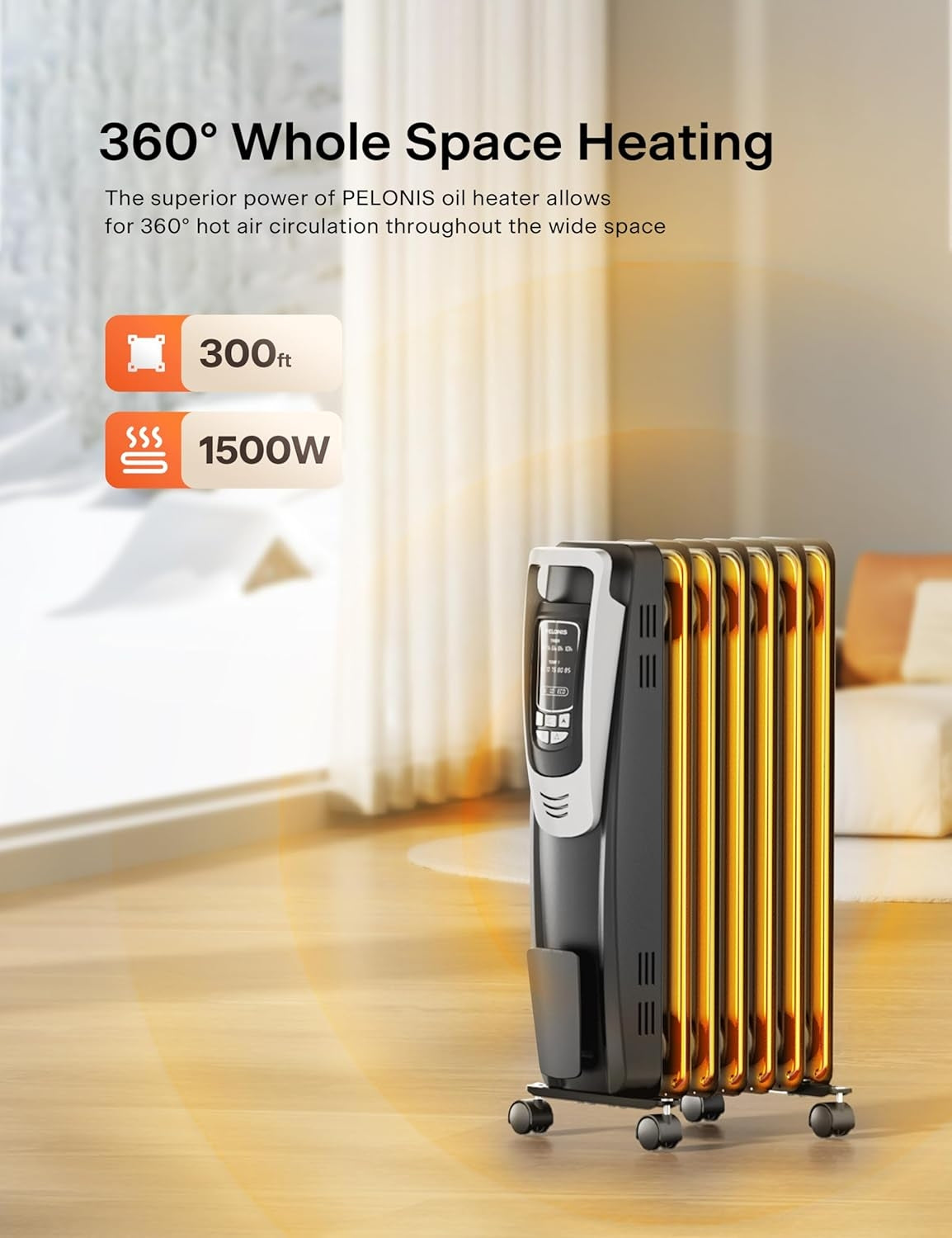 PELONIS 1500W Radiator Heater for Indoor Use, Large Room with Remote, Thermostat & LED Display NY1507-14A
