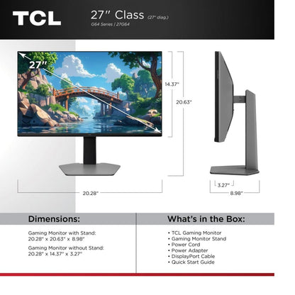 TCL 27" G64 Series QHD HDR QD-Mini LED 2560x1440 180Hz 1ms Gaming Monitor Black and Gray, 2 HDMI Inputs & 1 DisplayPort 27G64
