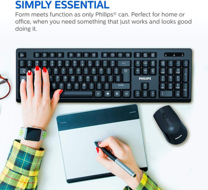 PHILIPS Wireless Keyboard and Mouse Combo | Optimized 2.4GHz Drop-Free Connection | Silent Keyboard & Ambidextrous Mouse SPT6354