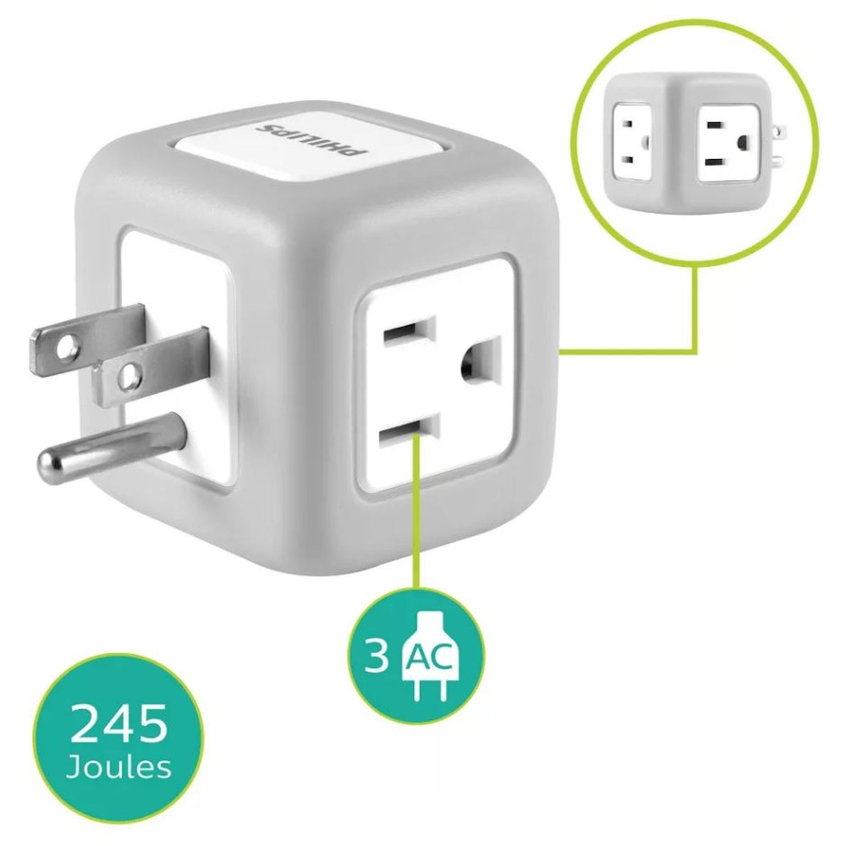 Philips 3-Outlet Grounded Cube Tap with Surge Protection - Gray: Outlet Extender Adapter