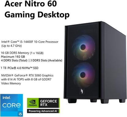 Acer Nitro 60 N60-640-UR21 Desktop Computer, Intel Core i5 14th Gen 14400F 1.8GHz,16GB/ 1TB UD.P02AA.069