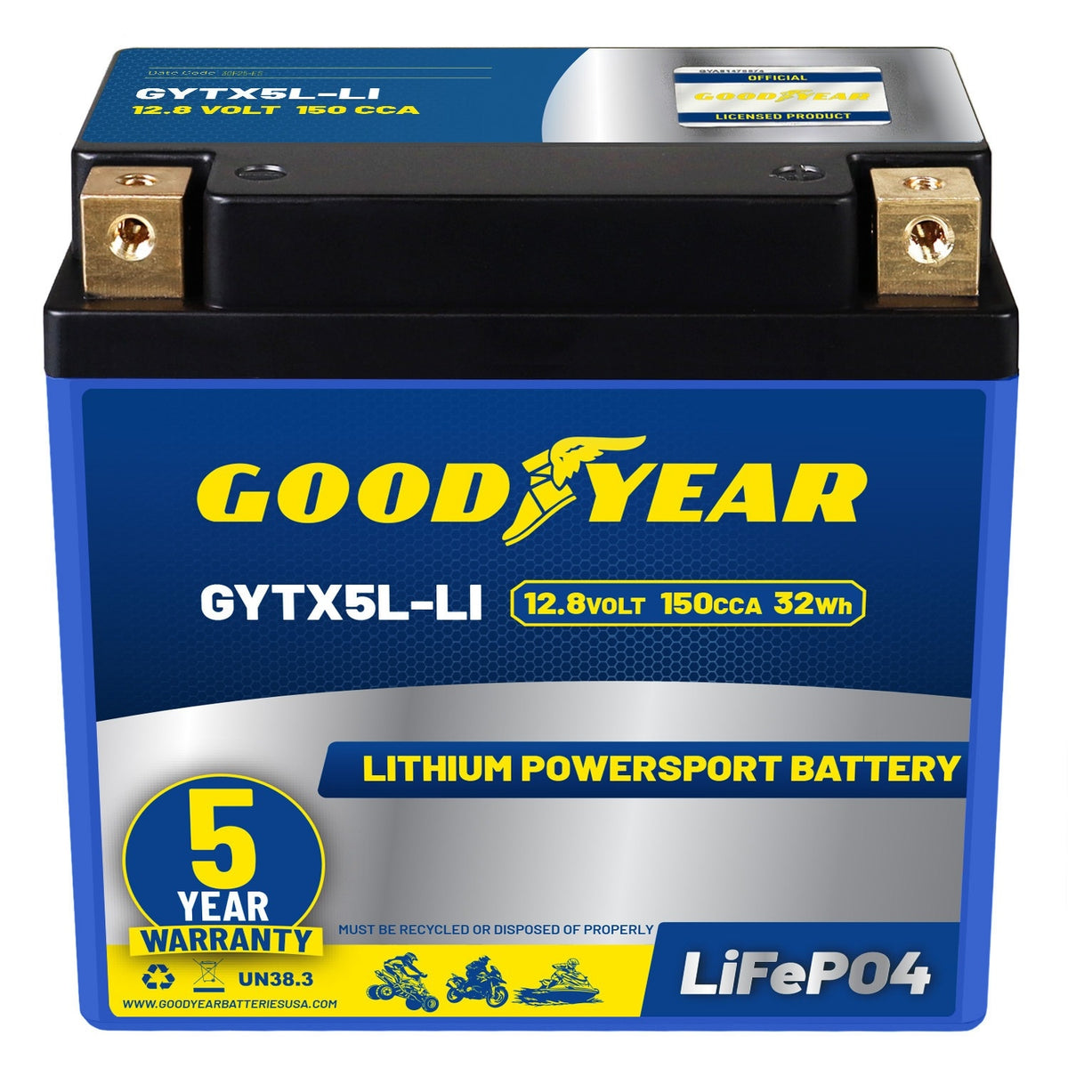 Goodyear GYTX5L-LI 12.8V 150CCA Lithium High Output Smart BMS Powersport Battery