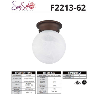 Sunset Lighting 6" 1-Light Rubbed Bronze Flush Mount w/ Faux Alabaster Glass F2213-62