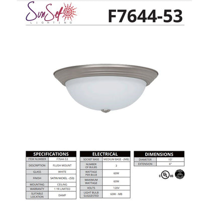 Sunset Lighting 3-light 15" Flush White Glass Satin Nickel F7644-53