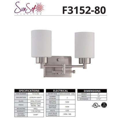 Sunset Lighting F3152-80 Ledbury 2-Light 13" Wide Bathroom Vanity Light - Nickel