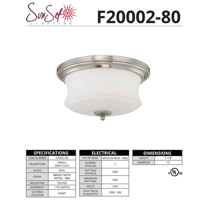 Sunset Amala 2-Light 60W Silver Flushmount Ceiling Light F20002-80
