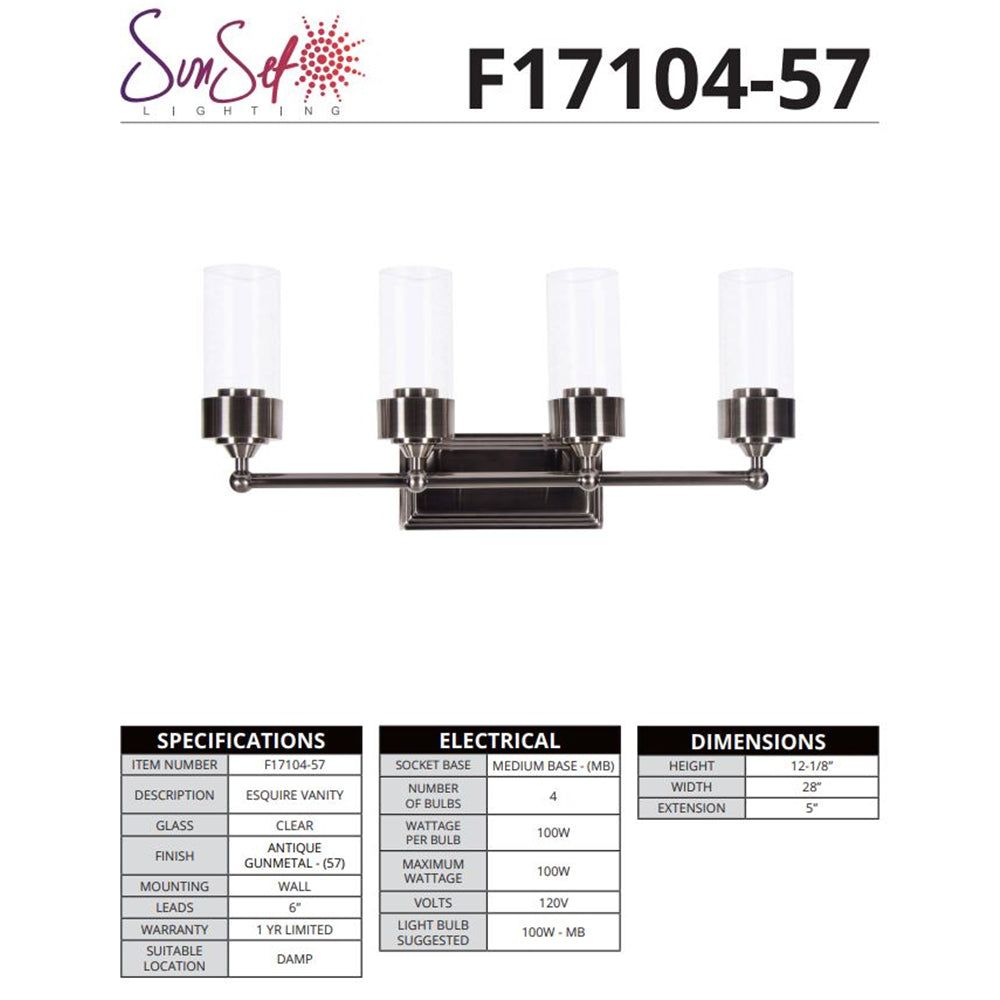 Sunset Lighting 4-Light Esquire Wall Sconce, Antique Gunmetal - F17104-57