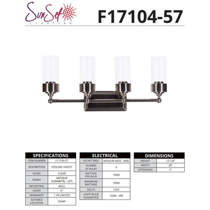 Sunset Lighting 4-Light Esquire Wall Sconce, Antique Gunmetal - F17104-57