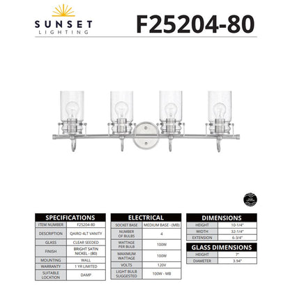 Sunset Lighting Qairo 4-Light Mb Vanity Clear Seeded Glass Bright Satin Nickel F25204-80