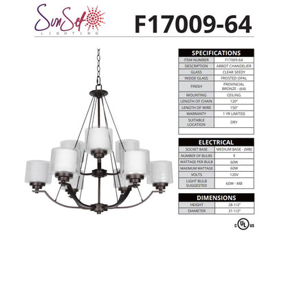 Sunset Lighting  9-Light Chandelier, 60W Provincial Bronze - F17009-64