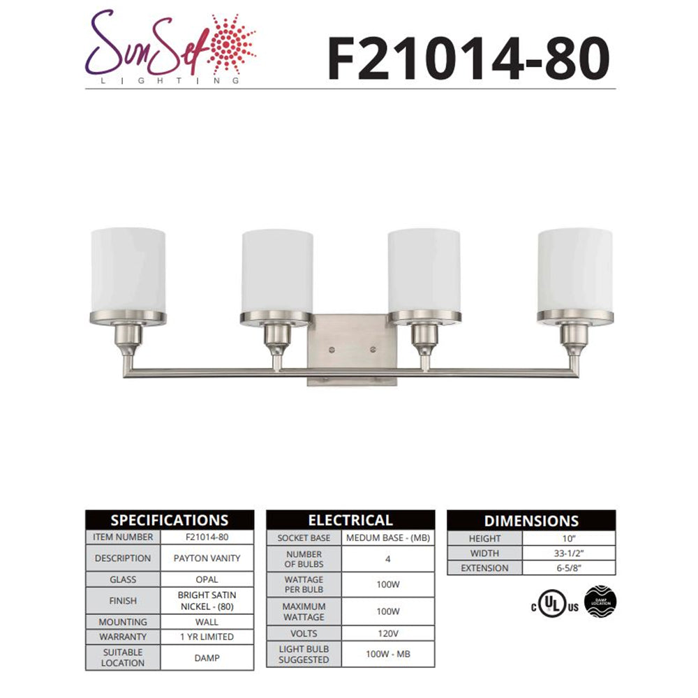 Sunset Payton 4-Light 100W MB Vanity in Bright Satin Nickel F21014-80
