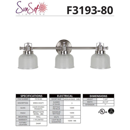 Sunset Lighting 3-Light 100W Wren Vanity Clear Double Prismatic Glass Dimmable with Bright Satin Nickel Finish F3193-80