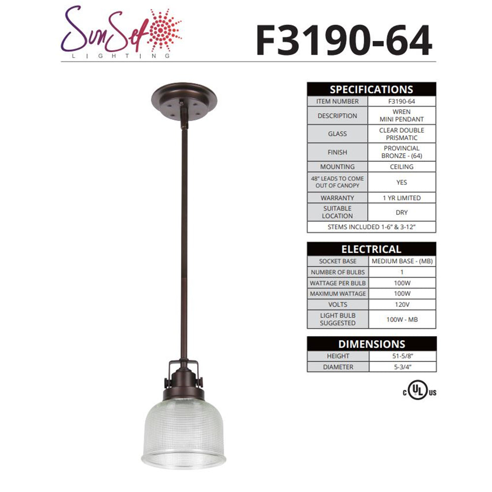 Sunset 1-Light 100W MB Wren Mini Pendant -  F3190-64