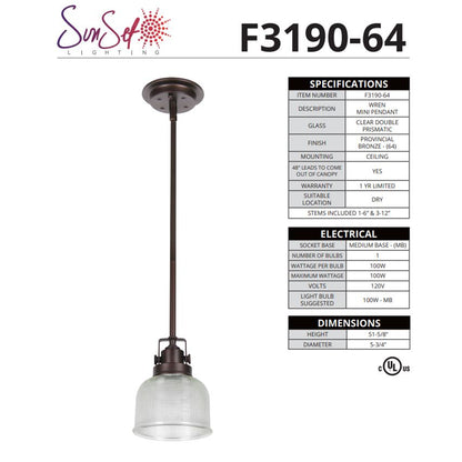 Sunset 1-Light 100W MB Wren Mini Pendant -  F3190-64