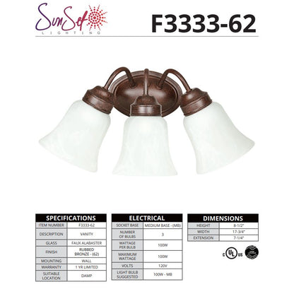Sunset Lighting 3-Light Bath Vanity Rubbed Bronze Finish with Faux F3333-62
