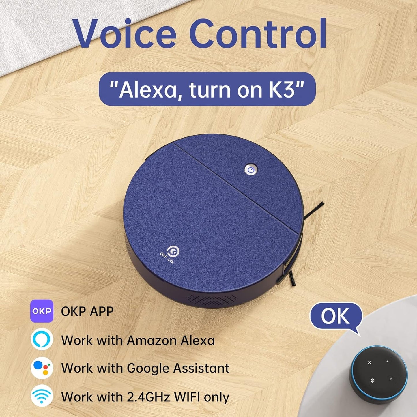 OKP K3 Robot Vacuum Cleaner Self-Charging Robotic Vacuum Cleaner with 2000Pa Strong Suction Voice Control ,Blue  App Controlled