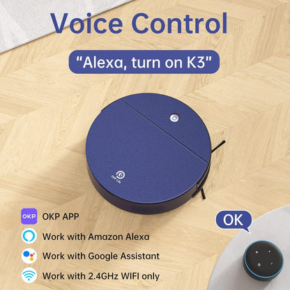 OKP K3 Robot Vacuum Cleaner Self-Charging Robotic Vacuum Cleaner with 2000Pa Strong Suction Voice Control ,Blue  App Controlled