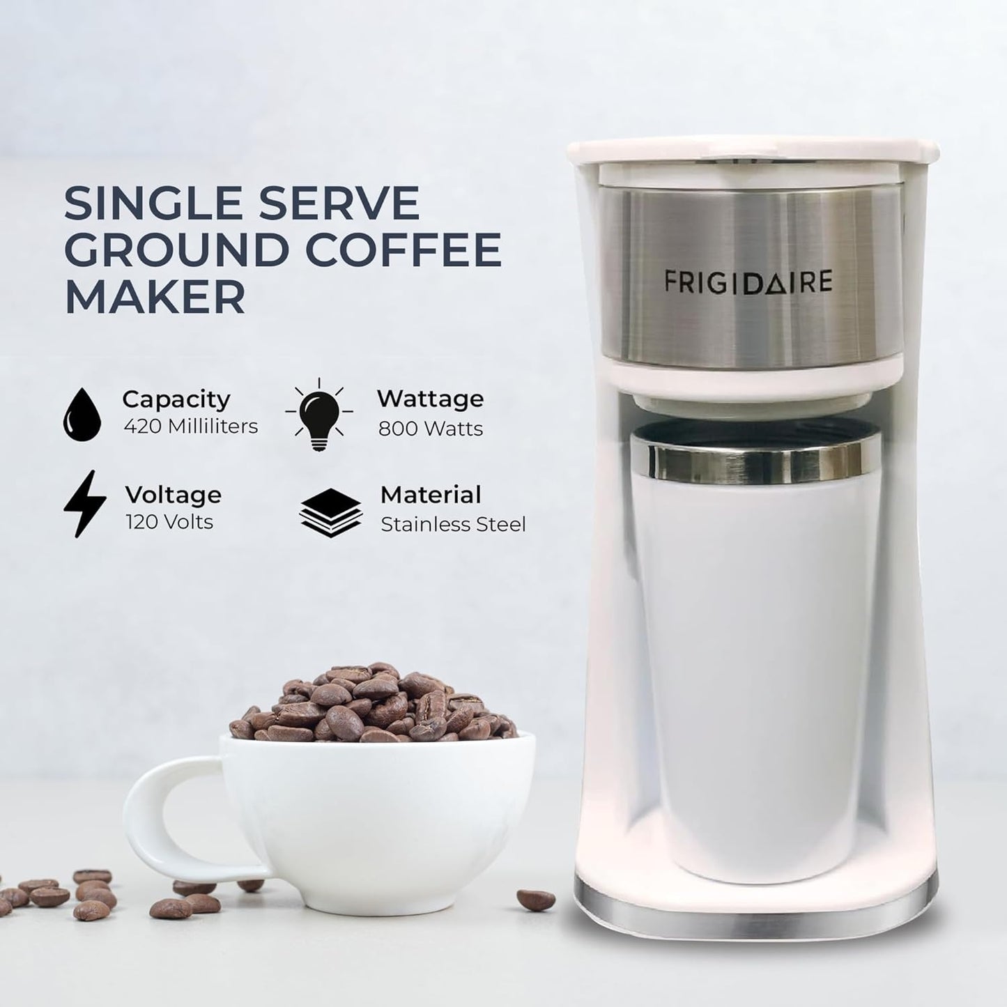 Frigidaire Stainless Steel Coffee Maker Single Cup With Insulted Travel Mug ECMK095 with 420ml Capacity White