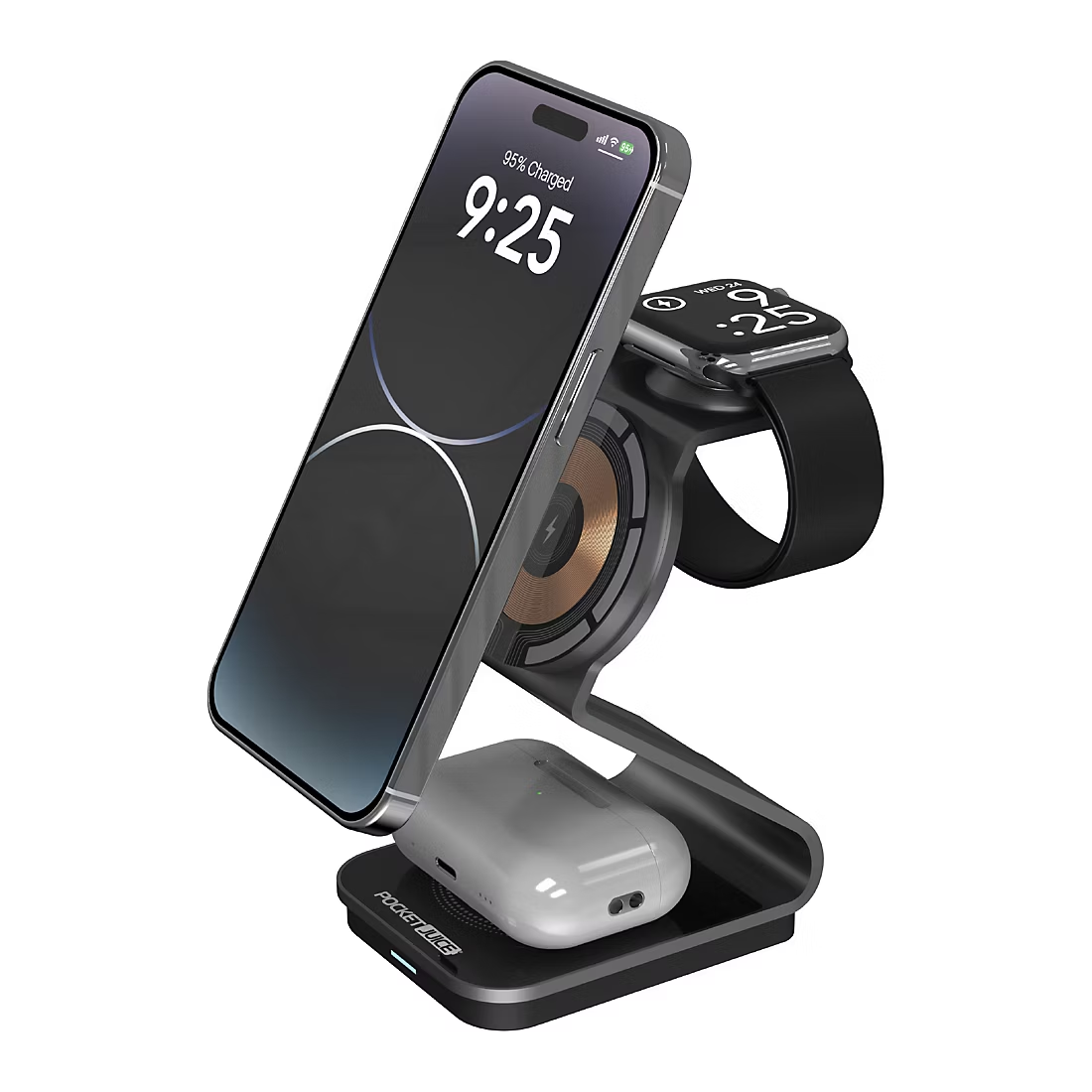 Tzumi Pocket Juice 3-in-1 Magnetic Wireless Charging Stand for Phone, Watch, Buds - D9583BJ