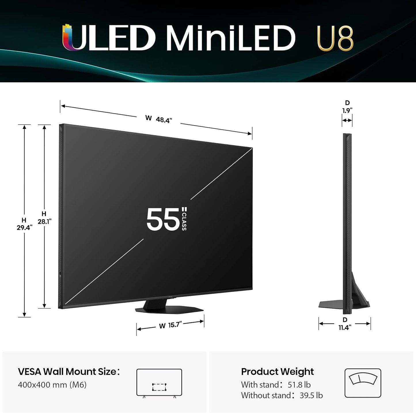 Hisense 55" Class U8 Mini-LED ULED 4K UHD Google Smart TV 55U8QG