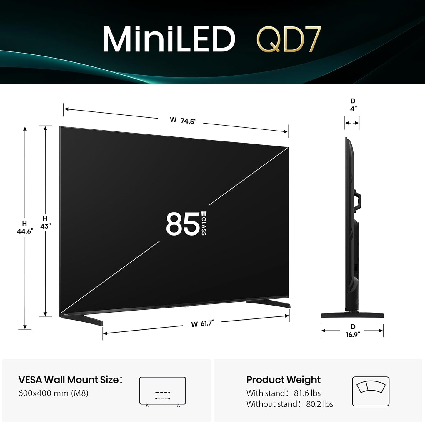 Hisense 85" Class QD7 Series MiniLED QLED 4K UHD HDR Smart Fire TV (2025) 85QD7QF