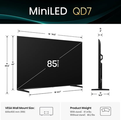 Hisense 85" Class QD7 Series MiniLED QLED 4K UHD HDR Smart Fire TV (2025) 85QD7QF