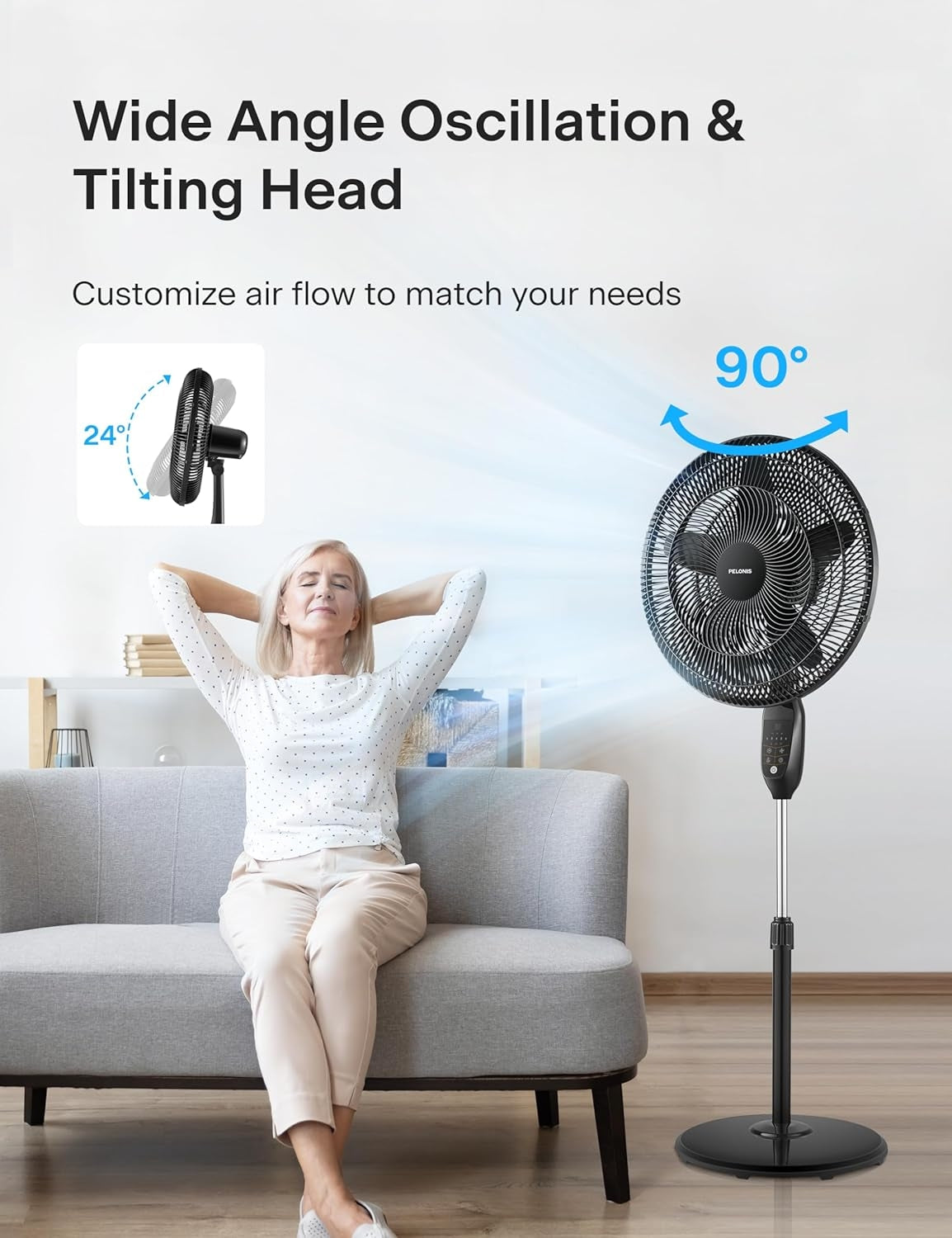 Pelonis PFS45A5BBB 18 inch 5-Blade Oscillating Fan, Adjustable Standing Pedestal Remote, LED Display, 5 Speed Setting and 7-Hour Timer Fan, Black