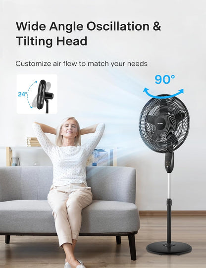 Pelonis PFS45A5BBB 18 inch 5-Blade Oscillating Fan, Adjustable Standing Pedestal Remote, LED Display, 5 Speed Setting and 7-Hour Timer Fan, Black