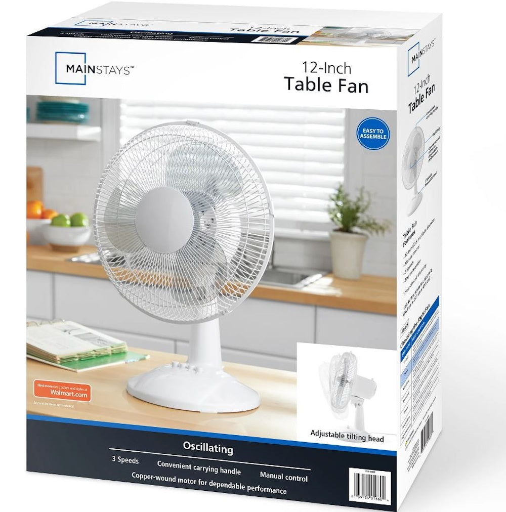 Mainstays 12" 3-Speed Oscillating Table Fan White FT30-8MBW