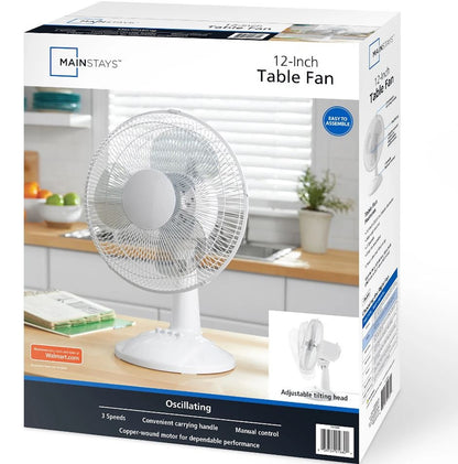 Mainstays 12" 3-Speed Oscillating Table Fan White FT30-8MBW
