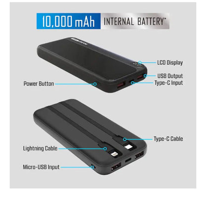 Pocket Juice - Endurance 10K Portable 10000 mAh Power Bank and Charger with USB-C and Light-n-ing Cables