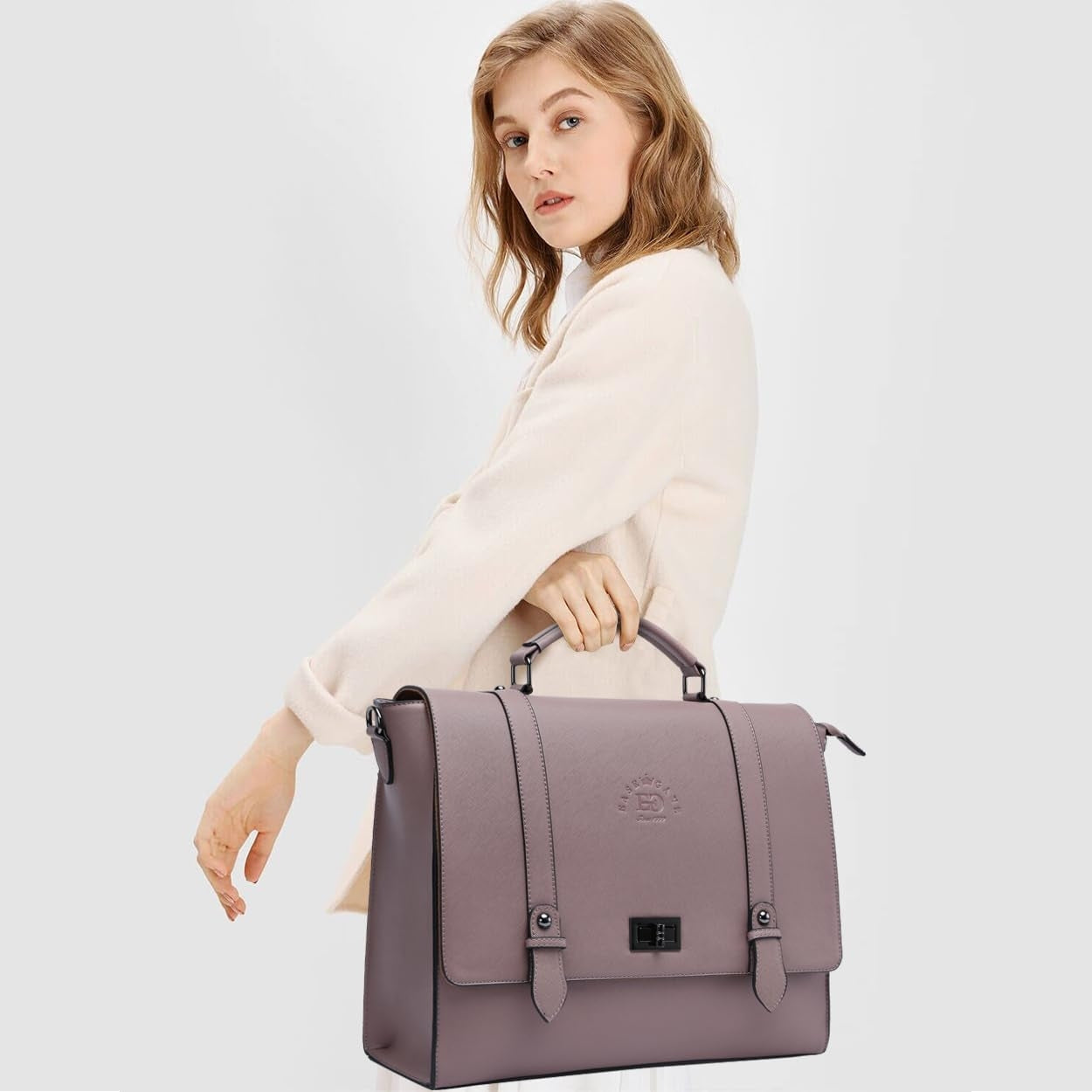 Women's 15.6 Inch Laptop Briefcase, Vintage Purple Saffiano Eco-Leather, 4 Large Compartments