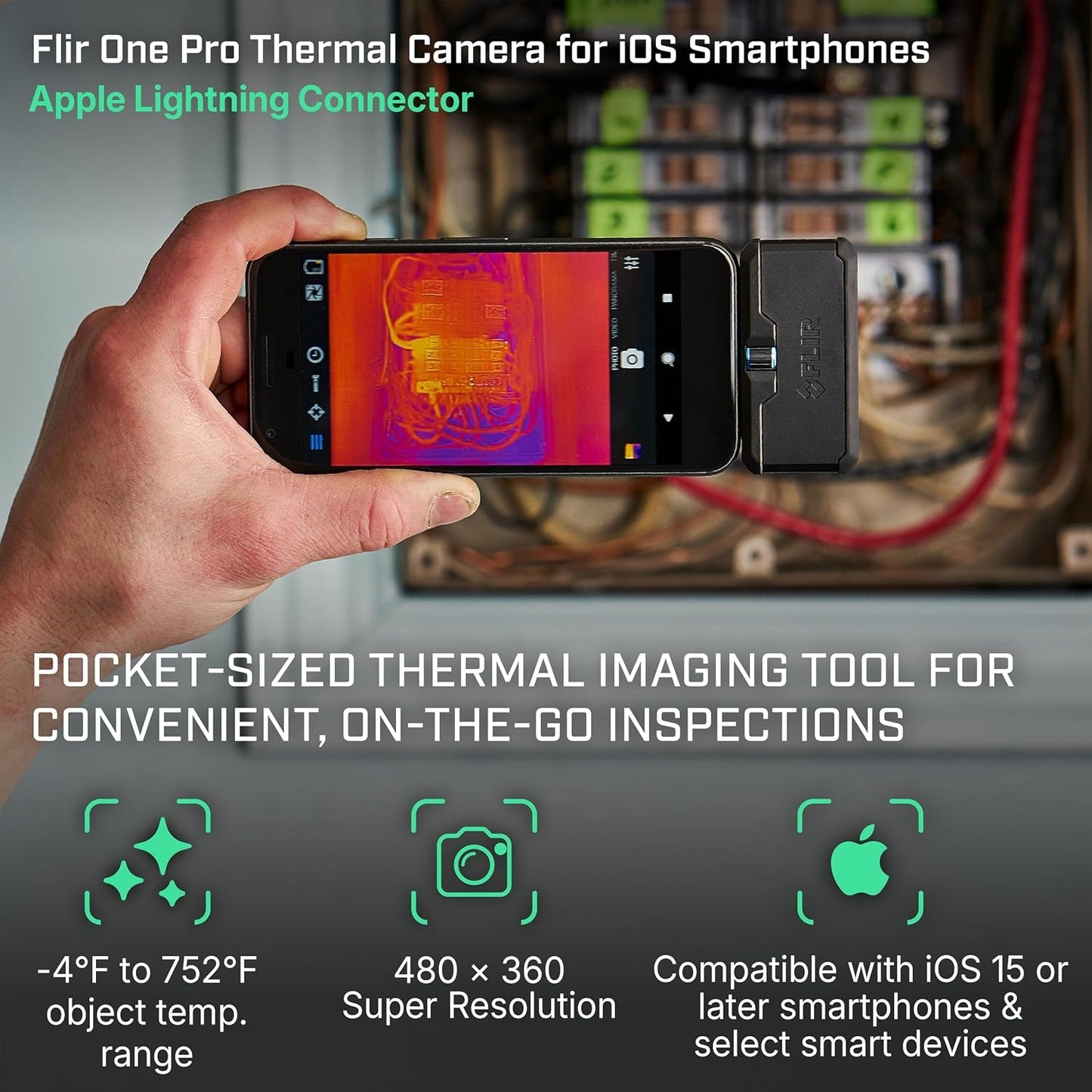 Flir One Pro - Thermal Imaging Camera for iOS Smartphones (iPhone 14 and Older w/Lightning Port), 480x360 Super Resolution