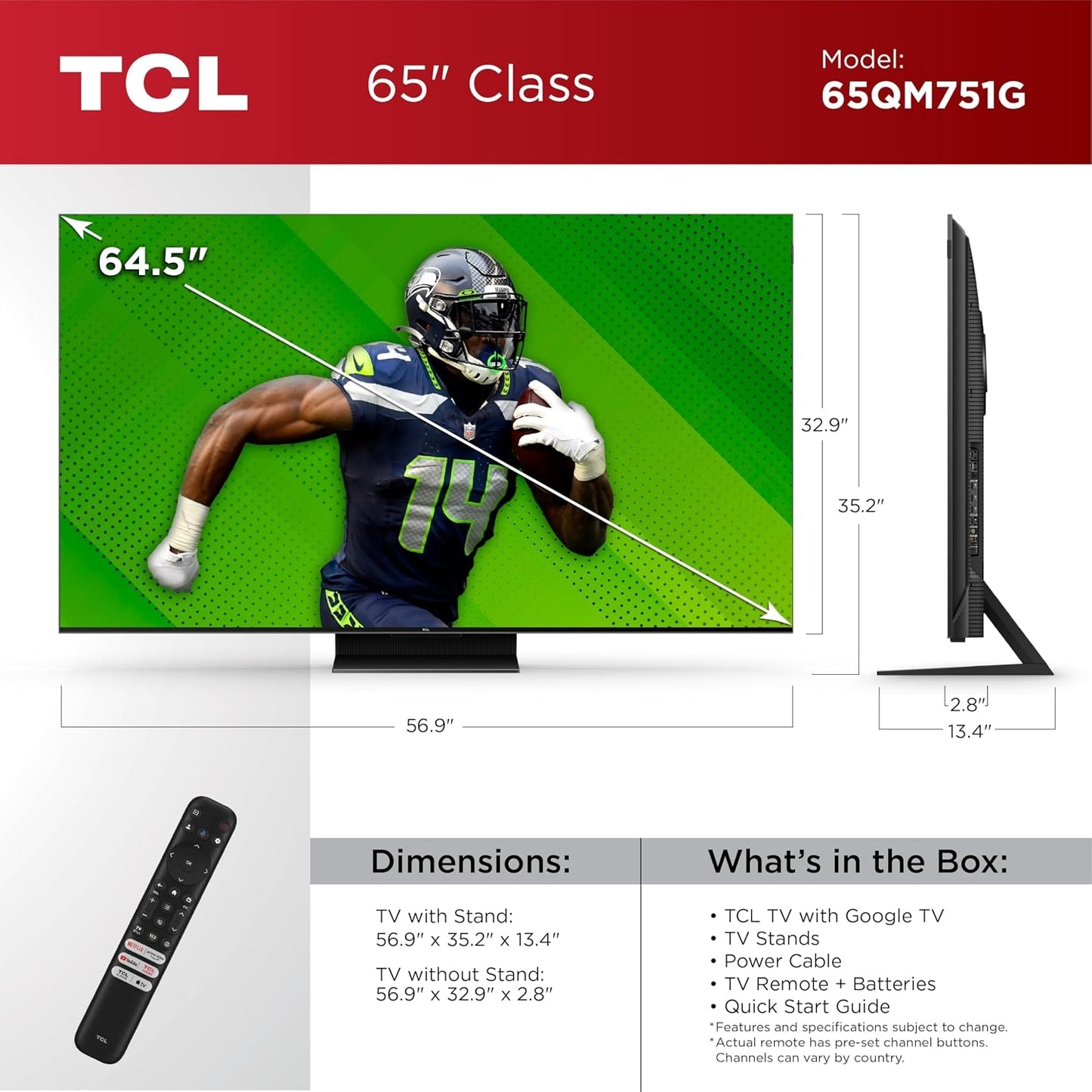 TCL 65" Q Class 4K UHD HDR QD-Mini LED Smart TV with Google TV – 65QM751G