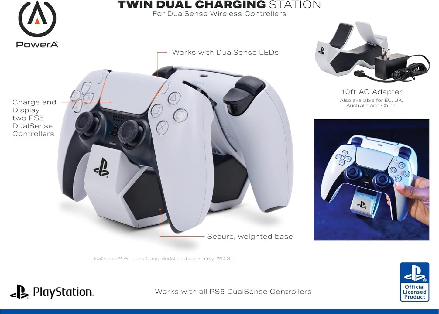 PowerA Twin Charging Station for PlayStation 5 DualSense Controller: USB Wall Charger