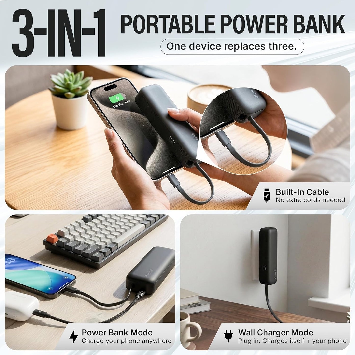 Nimble Wally Pro 20, 2-in-1 Portable Wall Charger + 5,000mAh Power Bank with Foldable Plug, Built-in USB-C Cable